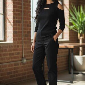 (F-187)Goldray Womens Black Cutout Top XS Ribbed Stretch Modal Short Sleeve Blou